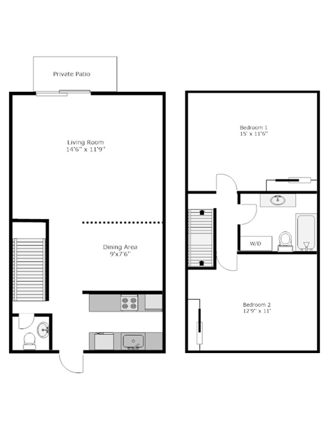 Floor plan for 2 beds, 1.5 baths, 1066 sqft
